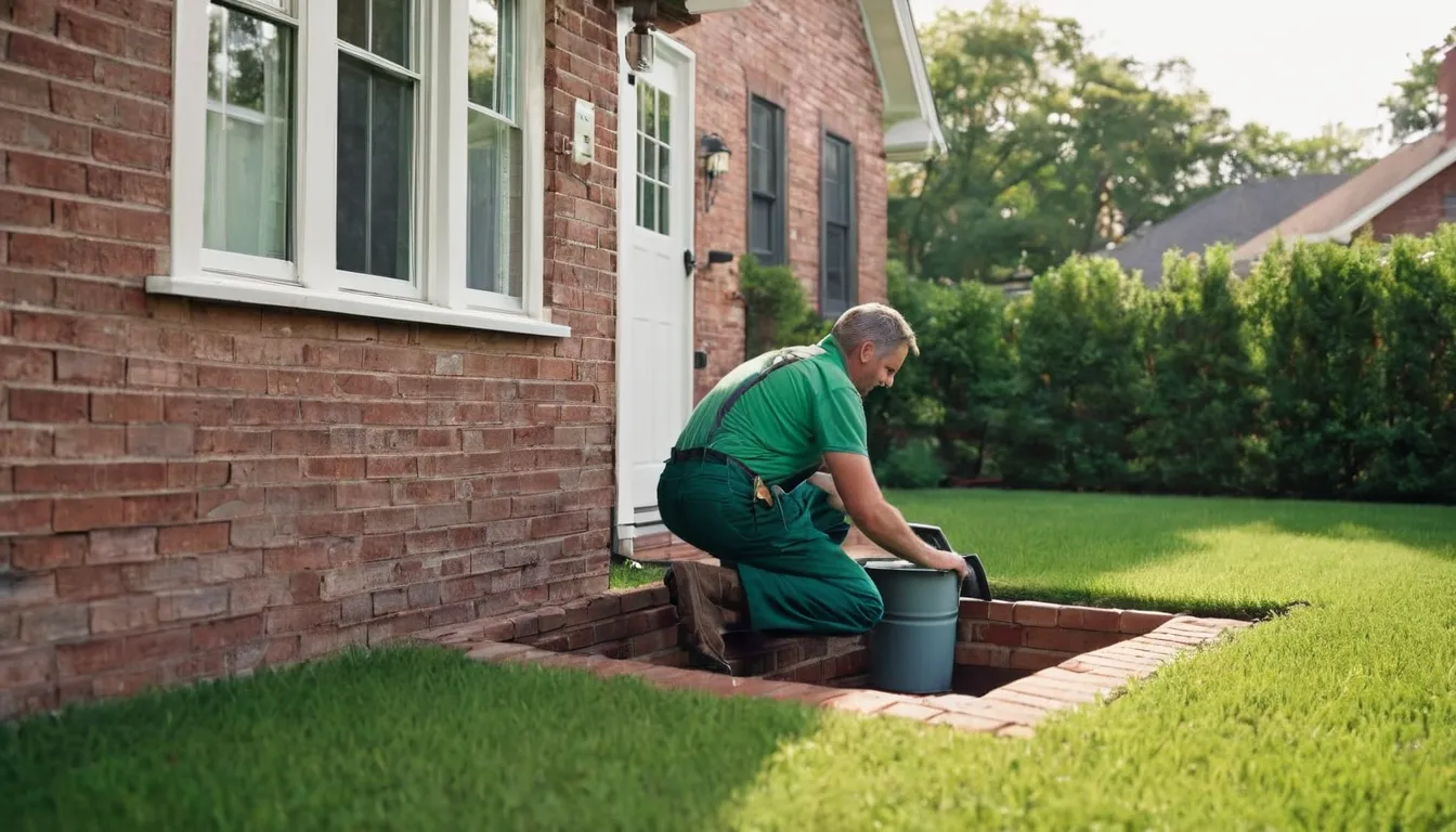 Provider inspecting an open septic tank lid in a yard of an older Stonecrest home