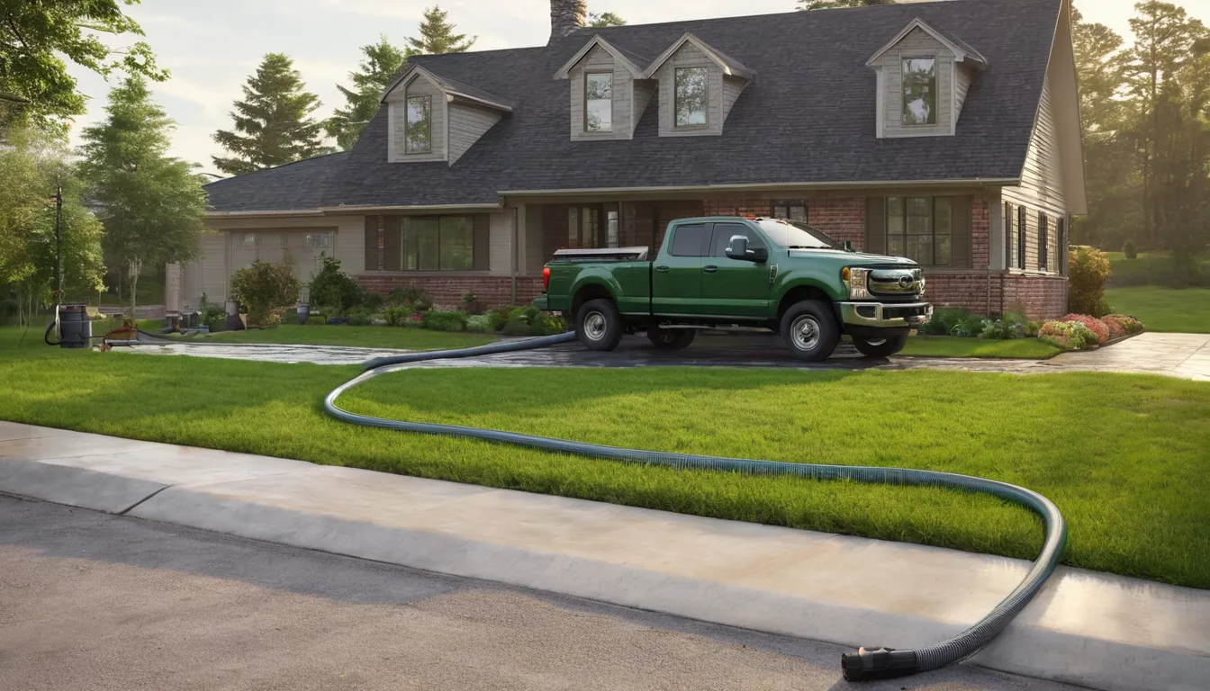 Septic tank pumping truck parked beside a home in Stonecrest while a provider works near an open tank lid